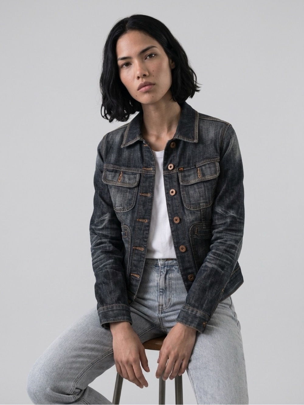 EUC parasuco denim cult grey denim jean jacket size s fits more like XS